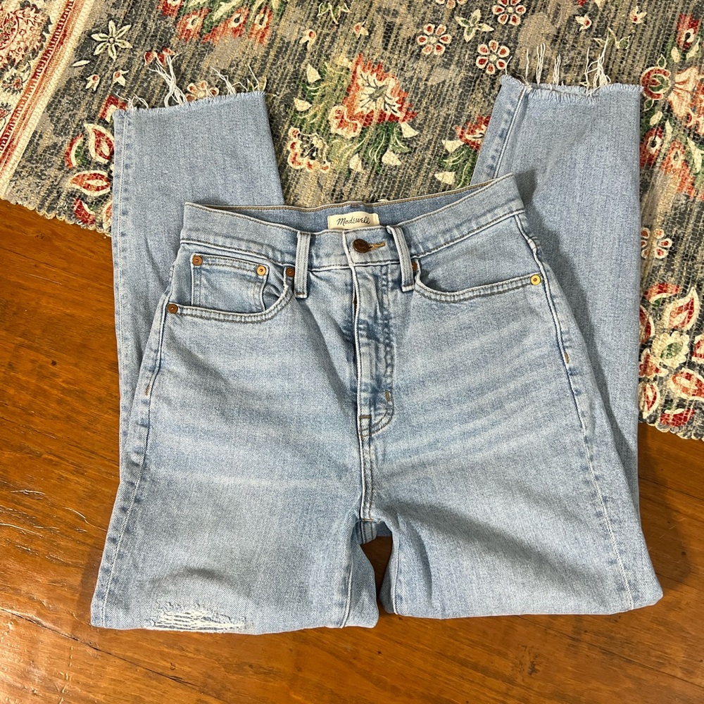 Madewell factory distressed the mom jean light wash denim jeans